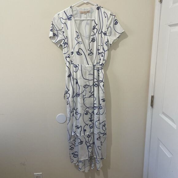 Hutch Printed Rosa Artsy Wrap Short Sleeve Tiered Midi Dress Faces White Size XS - Picture 3 of 11